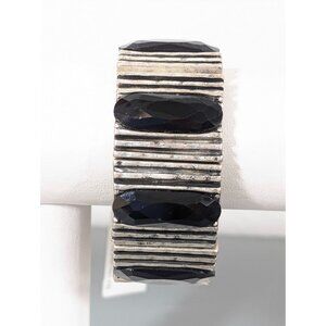 Attitudes Black Glass Bracelet Industrial Modernist Silver Tone Stretch 6.5"